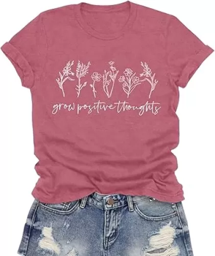 Inspirational Tshirts for Women Grow Positive Thoughts Shirt Cute Floral Tee Motivational Tops