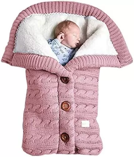 insular Warm Baby Sleeping Bag Envelope Winter Kid Sleepsack Footmuff Stroller Knitted Sleep Sack Newborn Knit Wool Swaddling Blanket (Pink)