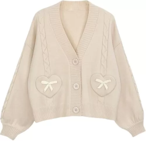 Japan Harajuku Kawaii Pink Knitted Cardigan Women's V-Neck Sweater Cute Bow Heart Korean JK School Uniform Jacket