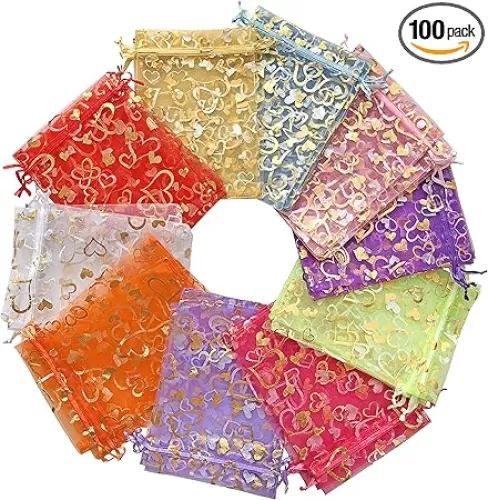 Jexila 100PCS Heart Organza Bags 4''X6'' Small Mesh Drawstring Gift Bag Jewelry Pouch for Party Favor Goodie Candy Treat Bags