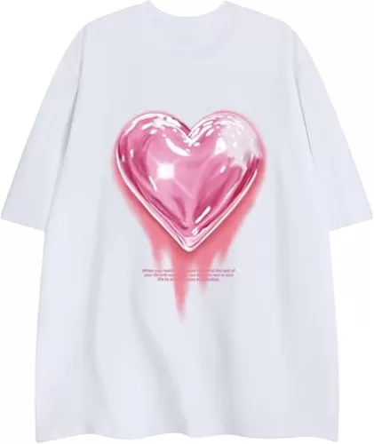 KIEKIECOO Oversized Graphic Tees for Men Heart Baggy Streetwear Shirts Mens Love Balloon Print Casual Tops Cotton Loose Fit