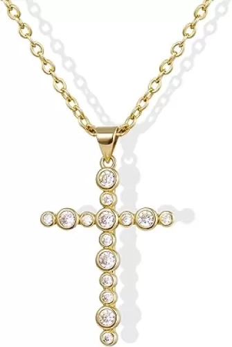 KissYan Cross Necklace for Women, 14K Gold Plated Cubic Zirconia Faith Pendant Dainty Religious Jewelry Gifts