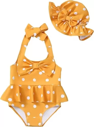 Kucnuzki Baby Girl Swimsuit Newborn One Piece Bathing Suit Bow Tie Bikini Tankini Infant Swimwear with Hat