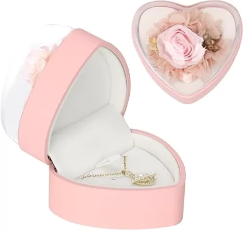 LETURE Creative Heart Shaped Pendant Necklace Gift Box with Flower, Small Jewelry Display Case for Proposal Engagement Wedding Valentine's Day (Pink)