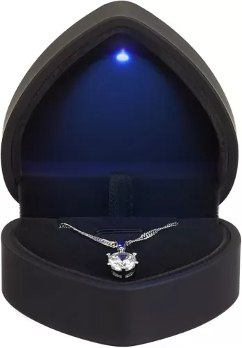 LETURE Heart Shaped LED Pendant Necklace Box, Jewelry Gift Boxes for Bracelet Bracelets, Small Jewelry Display with Light for Proposal Engagement Wedding Valentine's Day (Black)