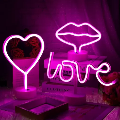 Liliful 3 Pcs Heart Neon Sign Pink Love Neon Lights Pink Lip LED Lights Battery Operated or USB Powered for Bedroom Table Decoration Anniversary Wedding Birthday Party Decor Summer Beach Vacation