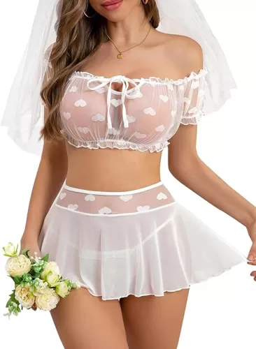 Lingerie Skirt for Women Sexy Mini Skirt Set Sheer Babydoll Lingerie Dress Mesh Bralette Bra and Panty