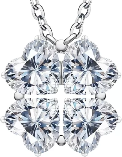 Luckylove 4-Leaf Clover & 4-Heart Smile 2-In-1 Necklace for Women, 4 x 0.5-1ct Heartshape Moissanite, Sterling Silver Jewelry, Anniversary Birthday Christmas Valentines Day Gifts For Wife Girlfriend Her
