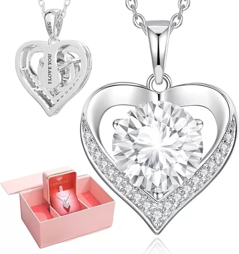 Lunella Moissanite Necklace for Women 1-3 Carat Heart Pendant, “I LOVE YOU” Engraved, Sterling Silver, Jewelry Gifts for Girlfriend, Wife, Mom – Anniversary, Birthday, Valentine’s Day, Christmas