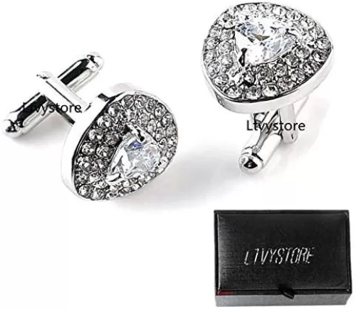 Luxury White Crystal White Rhinestones Heart Cufflinks for Women Shirt, Ltvystore Jewelry Trendy Geometric Cuff links Buttons with Box