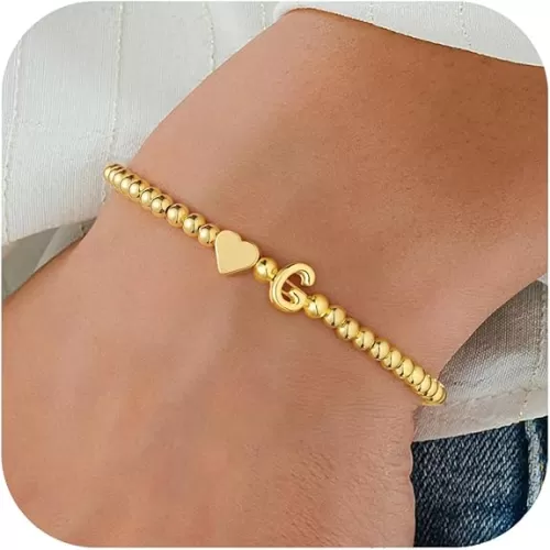 M MOOHAM Heart Initial Bracelet for Women - Dainty Gold Beaded Bracelets for Women Trendy Charm Letter A-Z Personalized Heart Jewelry Gifts