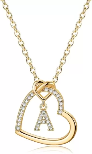 M MOOHAM Heart Initial Necklaces for Girls Teen Women, 14K Gold Plated Cubic Zirconia Heart Pendant Necklace, Dainty Initial Heart Necklace Letter A to Z Jewelry Gifts for Girls Women