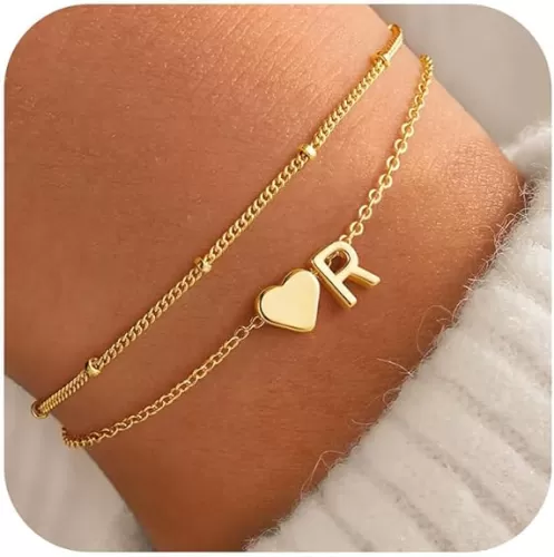 M MOOHAM Initial Heart Gold Bracelets for Women - Layered Dainty Gold Heart Letter A-Z Charm Bracelets for Women, Chain Link Charm Bracelets Beaded Bracelets Birthday Gifts Womens Jewelry