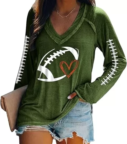 Mmoneyake Football Sweatshirts for Women Game Day Heart Football Graphic Hoodies Pullover Crew Neck Long Sleeve Mom Shirts