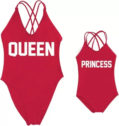 Mommy and Me Matching Family Swimwear Queen & PRINNCESS One Piece Mother Daughter Girl Swimsuits Cross Back Beachwear