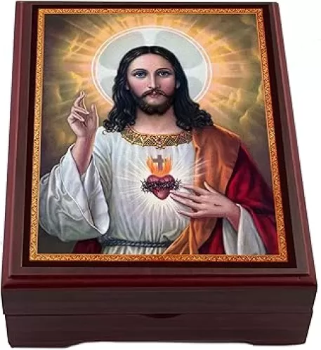 Needzo Rosary Box Sacred Heart of Jesus Wooden Icon Box, Rosary Jewelry Prayer Bead Keepsake Box 5 1/16 Inch, Religious Gift Idea For Man, Woman