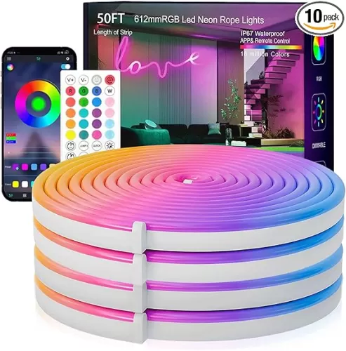 Neon Rope Lights, 50FT RGB Led Strip, Waterproof IP67, DIY Design, Music Sync, 44 Keys Remote Control, Multiple Modes, for Living Room, Bedroom, Holiday Decoration