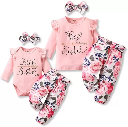 Newborn Baby Girl Clothes Big Sister Little Sister Matching Outfits Infant Romper Floral Pants Toddler Girls 3Pcs