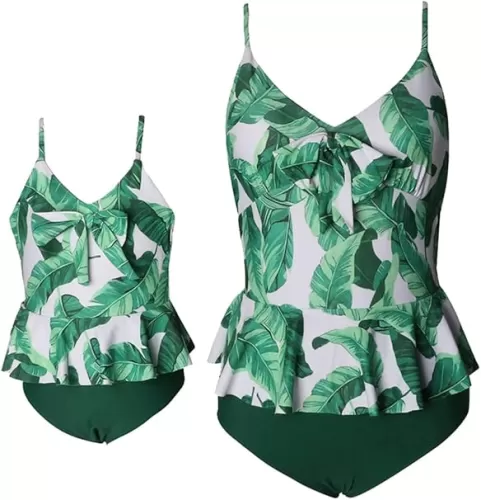 OMZIN Mommy and Me Halter Ruffle Swimsuit Leaf Print High Waisted Adjustable Straps Family Matching Bikini Set