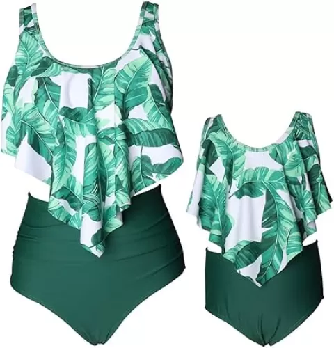 OMZIN Mother and Daughter Swimsuit High Waisted Tummy Control Matching Family Two Pieces Falbala Tankini Bikini Set
