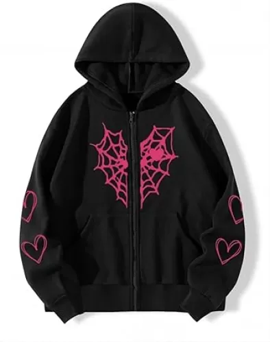 Oversized Y2K Zip Up Hoodie for Women Men Gothic Spider Web Heart Graphic Sweatshirt Punk Harajuku Alt Emo Streetwear