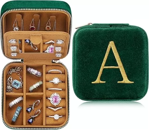 Parima Gifts for Her - Gifts for Women, Plush Velvet Travel Jewelry Case, Small Jewelry Box, Birthday Gift for Women Her, Personalized Gifts - Letter A, Green