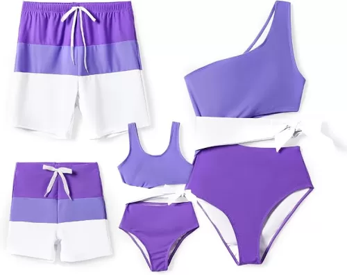 PATPAT Family Matching Swimsuits Mommy and Me One Shoulder Cutout Colorblock Bathing Suits One Piece Swimwear Sets