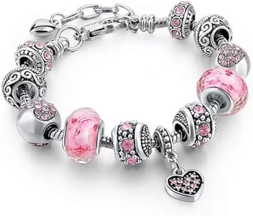 Pink Hearts Silver Plated Charm Bracelet Set, Jewelry Gifts with Beads, Charms, and Adjustable Snake Chain, Fits 7.5"+1.5"