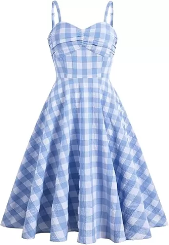Plaid Cami Dresses for Womens, Women Spaghetti Strap Tea Dress Sleeveless V Neck Rockabilly Dress Vintage Evening Gown