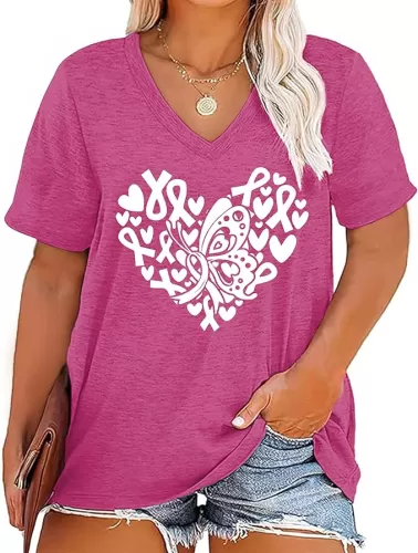 Plus Size Breast Cancer Shirts for Women Breast Cancer Awareness T-Shirts Pink Ribbons V Neck Tee Tops