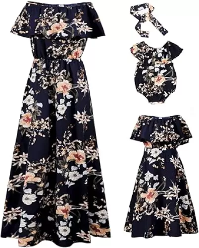 PopReal Mommy and Me Dresses Floral Printed Chiffon Bowknot Ruffles Short Sleeve Beach Mom Daughter Matching Outfits