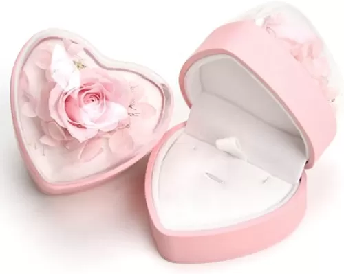 Preserved Flower Rose Pendant Box, Heart Shape Velvet Jewelry Box for Valentine's Day Mother's Day Wedding Anniversary Birthday Gift, Pink