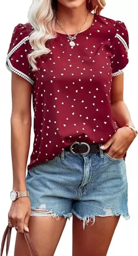 PRETTYGARDEN Women's Shirts Summer Casual Crewneck Lace Crochet Short Sleeve Blouses Cute Floral Print Loose Tunic Tops