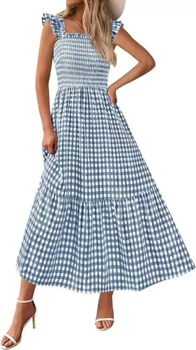 PRETTYGARDEN Womens Summer Dress Casual Square Neck Ruffle Strap Gingham Smocked Midi Flowy A Line Beach Vacation Sun Dresses
