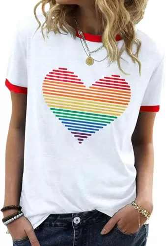 Pride Shirts for Women Pride Month Rainbow Graphic T-Shirt LGBTQ Support Red Ringer Tee