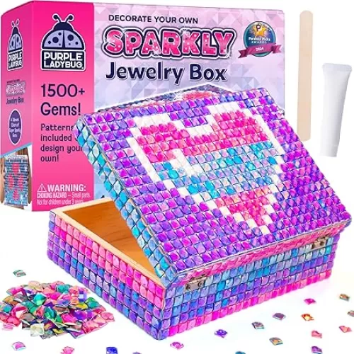 PURPLE LADYBUG DIY Sparkly Jewelry Box Kit with Gems – Crafts for Girls 8-12, Birthday Gift Idea, Arts and Crafts for Kids 6-8, 8-12, Summer Activities, Fun Toys for Girls
