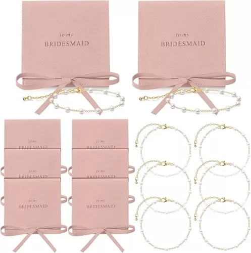 Quelay 16 Pcs Jewelry Bridesmaid Gift Pearl Bracelet Microfiber Jewelry Bag Pouch Set of 8 for Wedding Bridal Party Favor