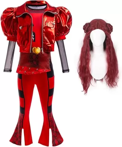 Red Cosplay Costume with Red Heart Jacket Shirt Flared Pants Wig 4pcs Halloween Princess Dress up 3-12Y