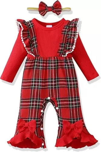 Renotemy Newborn Baby Girl Clothes Fall Winter Outfit Ribbed Romper Plaid Overalls Jumpsuit Infant Girl Outfits 0-18 Months