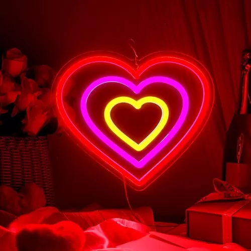 Retisee Valentine Day Heart Neon Sign 3 Color LED Heart Light Battery/USB Neon Light Table Wall Decoration Valentines Gift for Bedroom Home Dorm Decoration Party Supplies