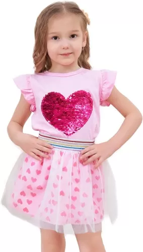 RETSUGO Girls Tulle Skirt Set Two Piece Ruffle Sleeve Unicorn T-Shirt Tutu Dress Summer Birthday Party Outfit 2-10 Years