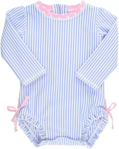 RuffleButts Baby/Toddler Girls Seersucker Long Sleeve One Piece Rash Guard Swimsuit with UPF 50+ Sun Protection