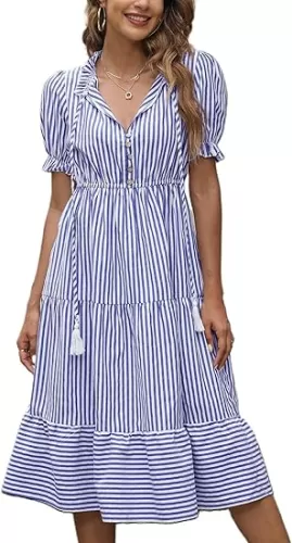 Sexyasasii Women's Summer Ruffle Puff Sleeve Dress Short Sleeve V Neck High Waist Casual Loose Striped Midi Dresses
