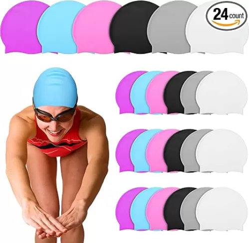 Silkfly 24 Pcs Unisex Adult Silicone Swim Cap for Men Women Waterproof Swimming Hat Durable Non Slip Elastic Wrinkle Free Pool Cap for Training and Racing Long and Short Hair