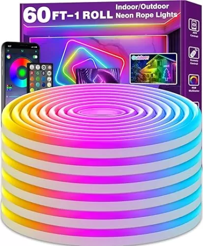 SINLEY Led Neon Rope Lights 60FT, Control with App/Remote, Flexible Led Rope Lights, Multiple Modes, IP68 Outdoor RGB Neon Lights Waterproof, Music Sync Gaming Led Strip Lights for Bedroom Indoor