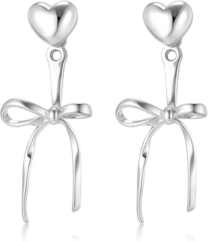 Small Bow Drop Dangle Earrings for Women 925 Sterling Silver Post 14K Gold Plated Cute Mini Heart Pearl Stud Earring Jackets for Women