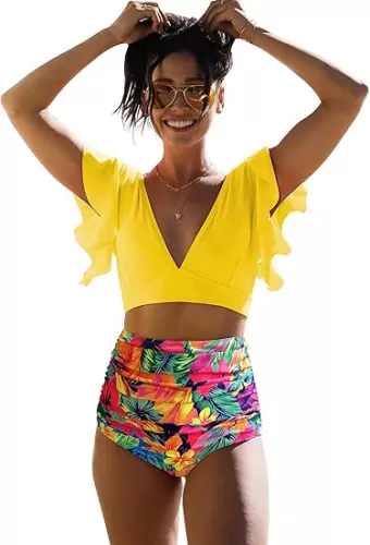 SPORLIKE Women Ruffle High Waist Swimsuit Two Pieces Push Up Tropical Print Bikini
