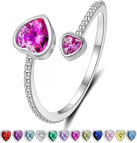 Step Forward 925 Sterling Silver Birthstone Rings for Women - Adjustable Open Heart Ring Constellation Month Band for Her Birthday Gifts Jewelry