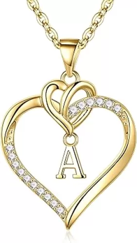 STORUP Heart Initial Necklaces for Women Girls, 14K Gold Plated Cubic Zirconia Heart Initial A-Z Pendant Necklace Dainty Heart Necklaces for Women Teen Girl Jewelry Birthday Gifts