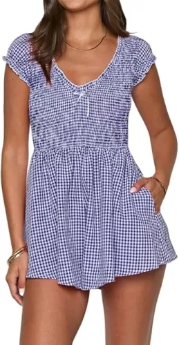 Summer Gingham Romper for Women 2025 Dressy Casual Beach Vacation Short Plaid Smocked Jumpsuit